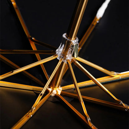 Detail shot of the golden frame and ribs on the underside of the Prestige folding umbrella.