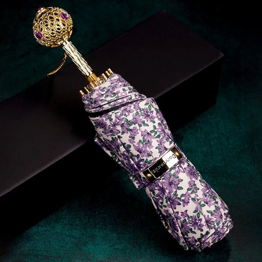 Purple Flower Umbrella with crystal handle, perfect for stylish protection from rain and sun.