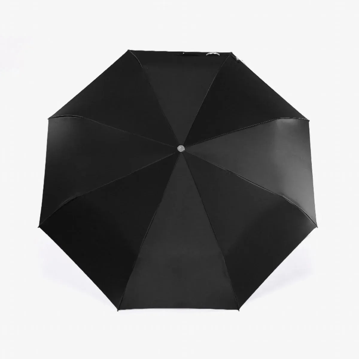 Top-down view of the open black 8-panel canopy of the animal head folding umbrella.