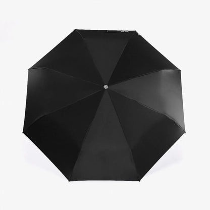 Top-down view of the open black 8-panel canopy of the animal head folding umbrella.