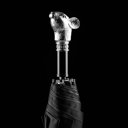 The silver animal head folding umbrella featuring the intricately detailed Mouse handle against a black background.