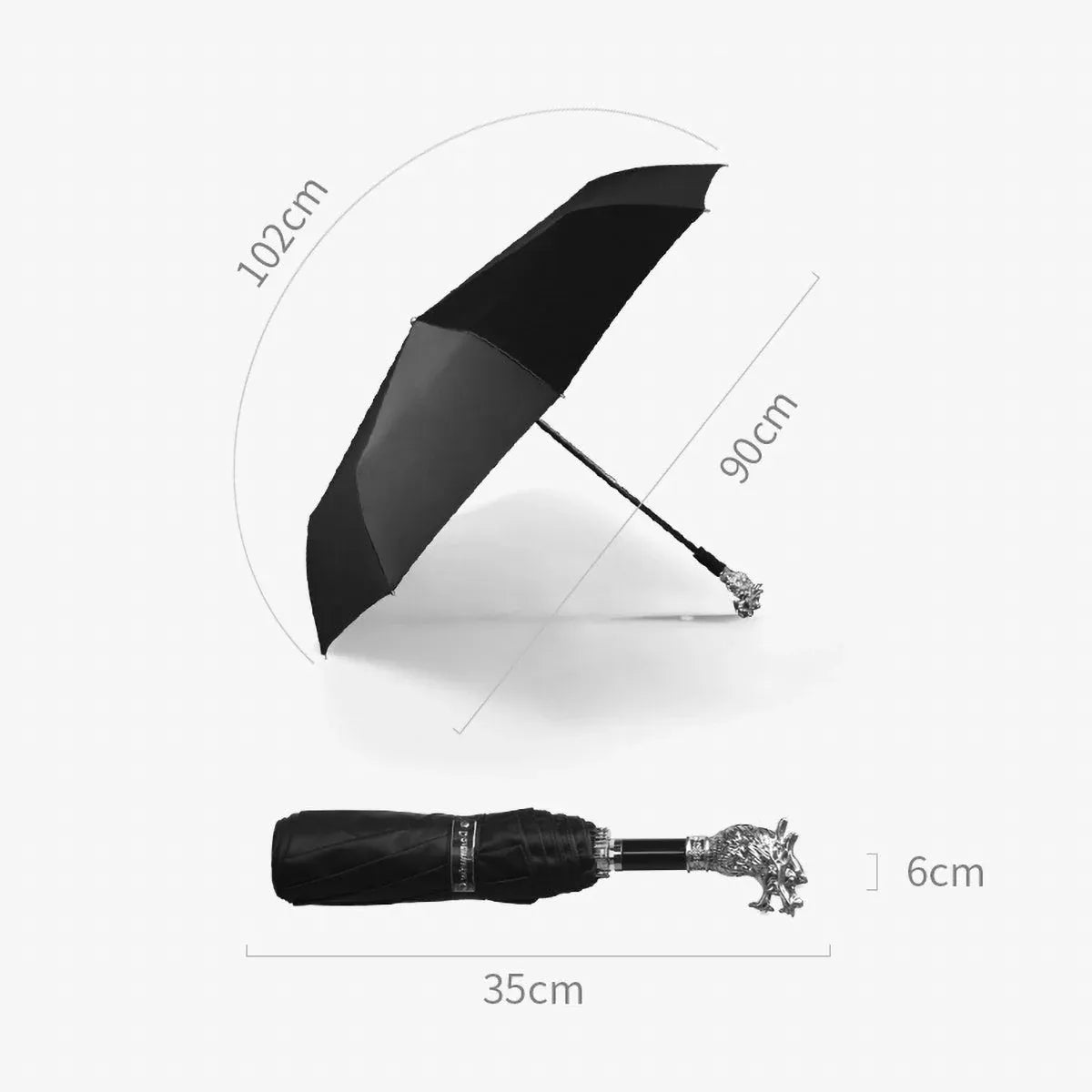 A size guide showing the dimensions of the animal head umbrella: 90cm open diameter and 35cm closed length.