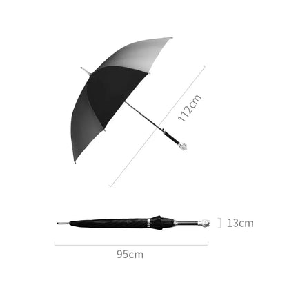 A size guide showing the dimensions of the Silver Lion Head umbrella: 112cm open diameter and 95cm length.